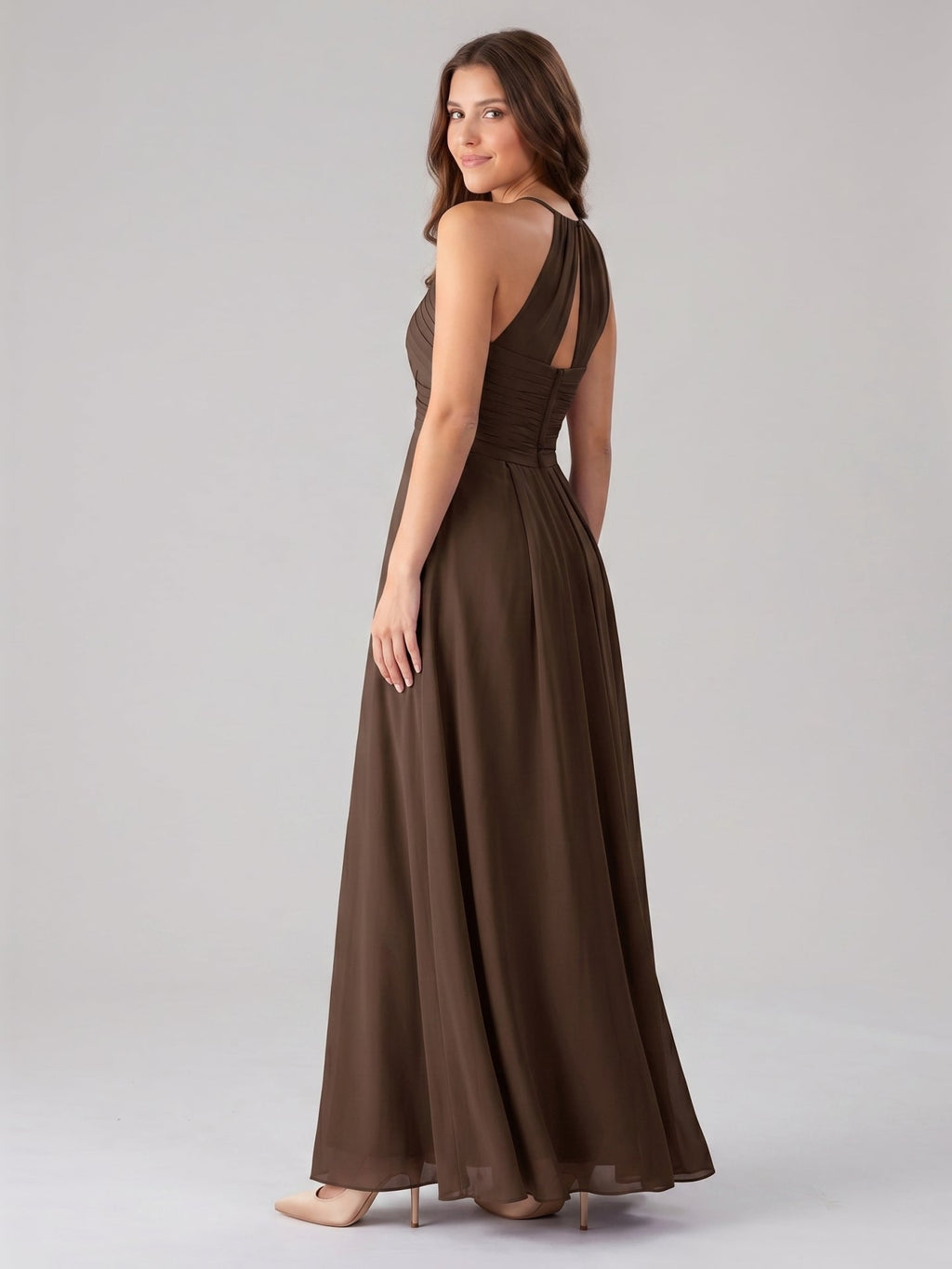 Mocha Chiffon A-Line Halter Keyhole Back Floor-Length Pleated Bridesmaid Dress - Curvevia
