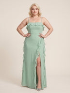 Elegant Mint Green Chiffon A-Line Straight Neck Backless with Ruffle Ankle-Length Plus Size Bridesmaid Dress - Curvevia