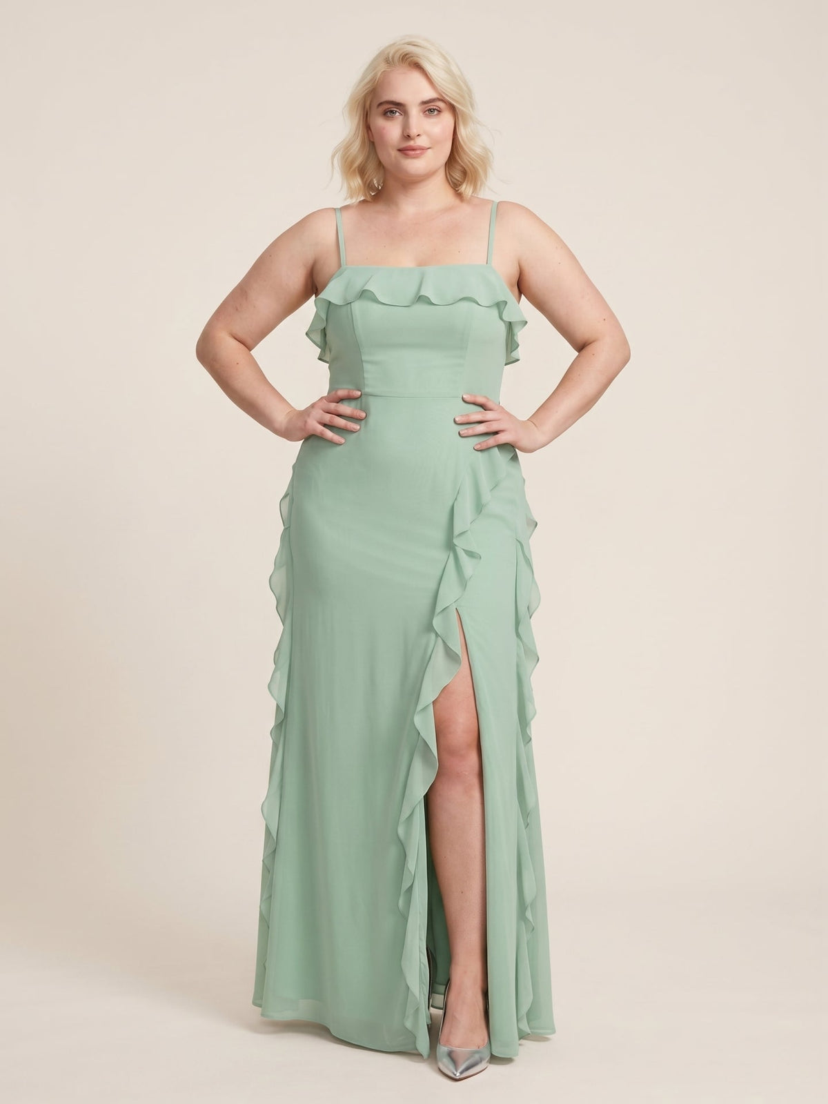 Elegant Mint Green Chiffon A-Line Straight Neck Backless with Ruffle Ankle-Length Plus Size Bridesmaid Dress - Curvevia