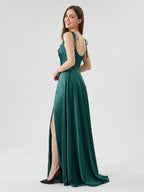 Peacock Satin A-Line Cowl Neck Backless Floor-Length Pleated Bridesmaid Dress - Curvevia