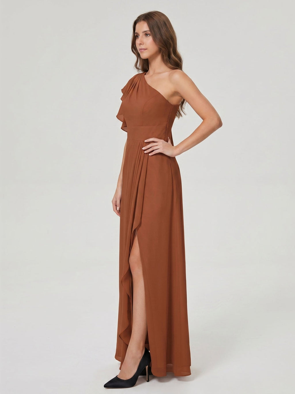 Terracotta Chiffon Sheath One Shoulder Back Zip Floor-Length Ruffle Bridesmaid Dress - Curvevia