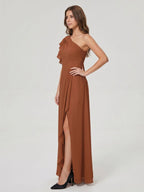 Terracotta Chiffon Sheath One Shoulder Back Zip Floor-Length Ruffle Bridesmaid Dress - Curvevia