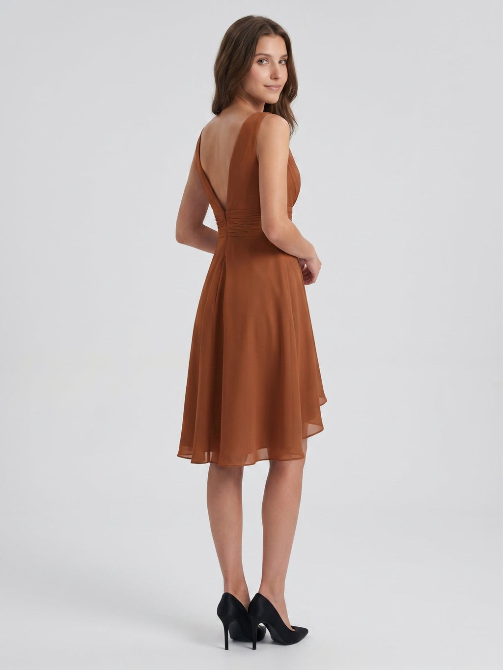 Terracotta Chiffon A-Line V-Neck V-Back Knee-Length Pleated Bridesmaid Dress - Curvevia