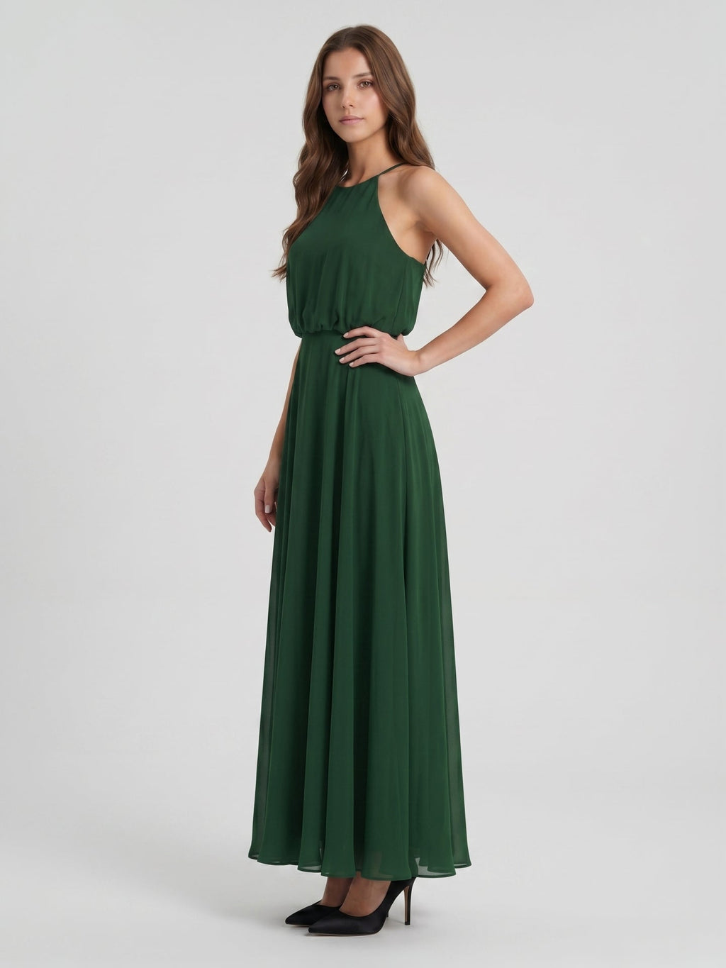 Forest Green Chiffon A-Line Halter Backless Floor-Length Pleated Bridesmaid Dress - Curvevia