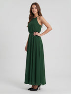 Forest Green Chiffon A-Line Halter Backless Floor-Length Pleated Bridesmaid Dress - Curvevia