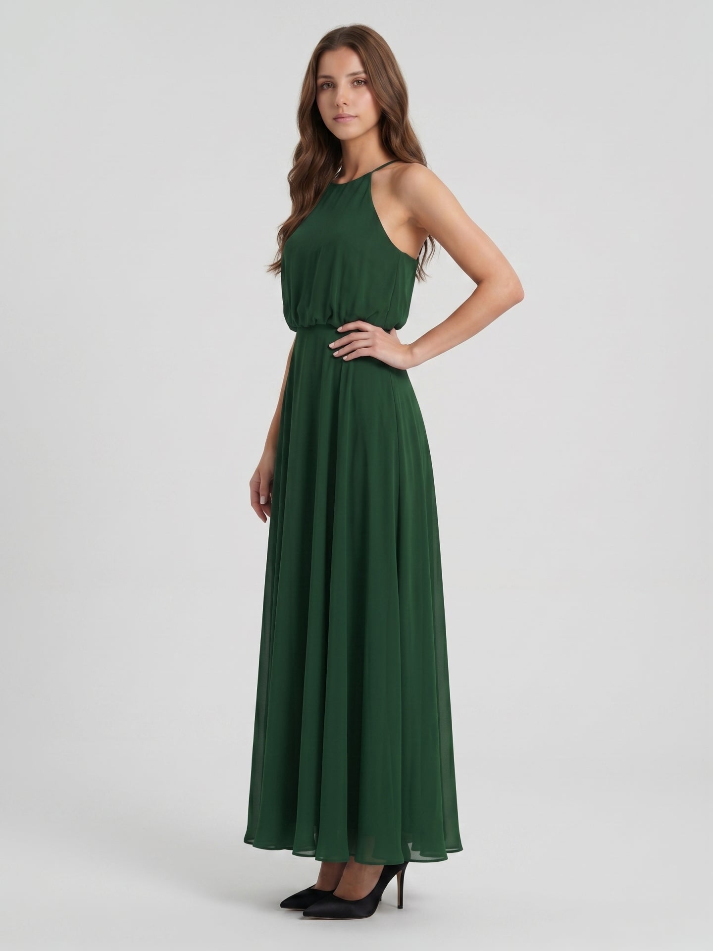 Forest Green Chiffon A-Line Halter Backless Floor-Length Pleated Bridesmaid Dress - Curvevia