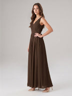Mocha Chiffon A-Line V-Neck V-Back Floor-Length Bridesmaid Dress with Bow - Curvevia