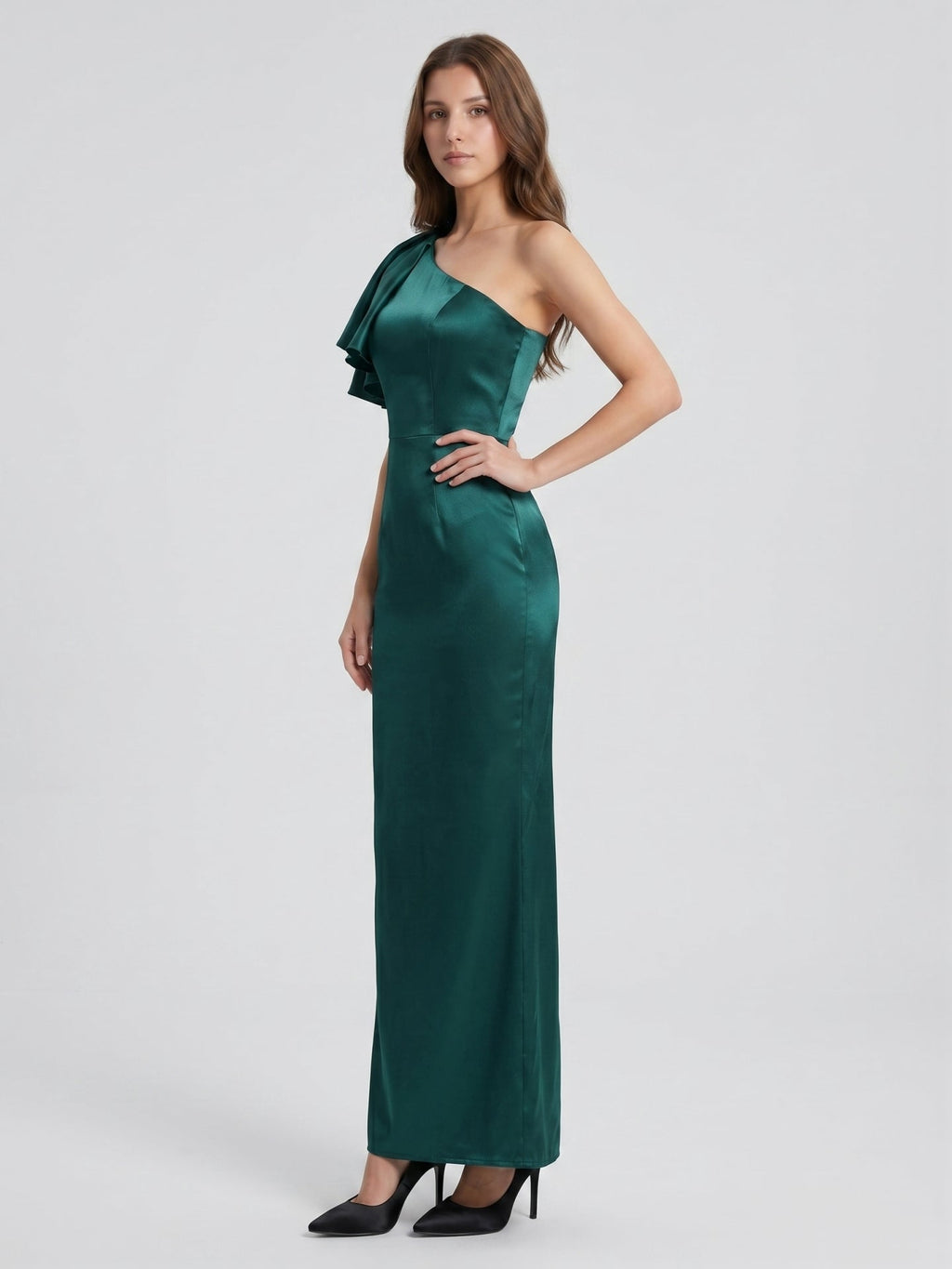 Peacock Satin Sheath One Shoulder Back Zip Floor-Length Ruffle Bridesmaid Dress - Curvevia