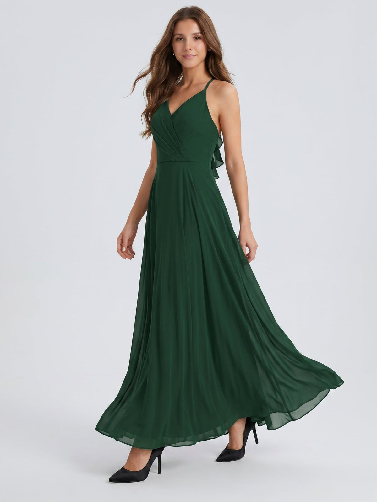 Forest Green Chiffon A-Line Halter Keyhole Back Floor-Length Ruffle Bridesmaid Dress - Curvevia