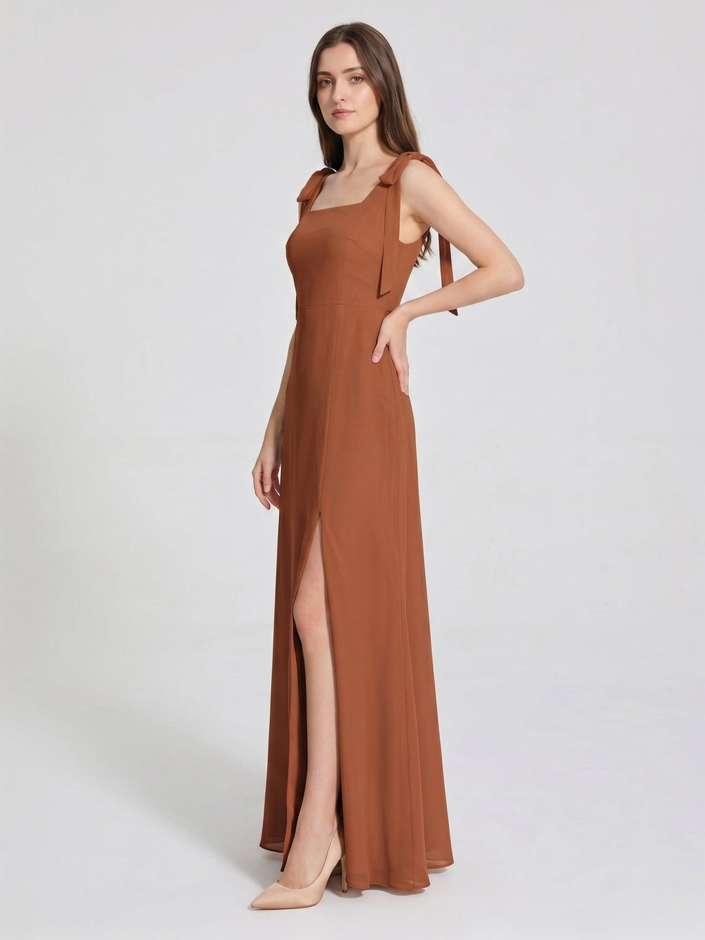 Terracotta Chiffon A-Line Square Neck Backless Floor-Length Bridesmaid Dress with Bow - Curvevia