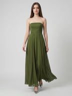 Olive Green Chiffon A-Line Off-the-Shoulder Backless Floor-Length Bridesmaid Dress - Curvevia