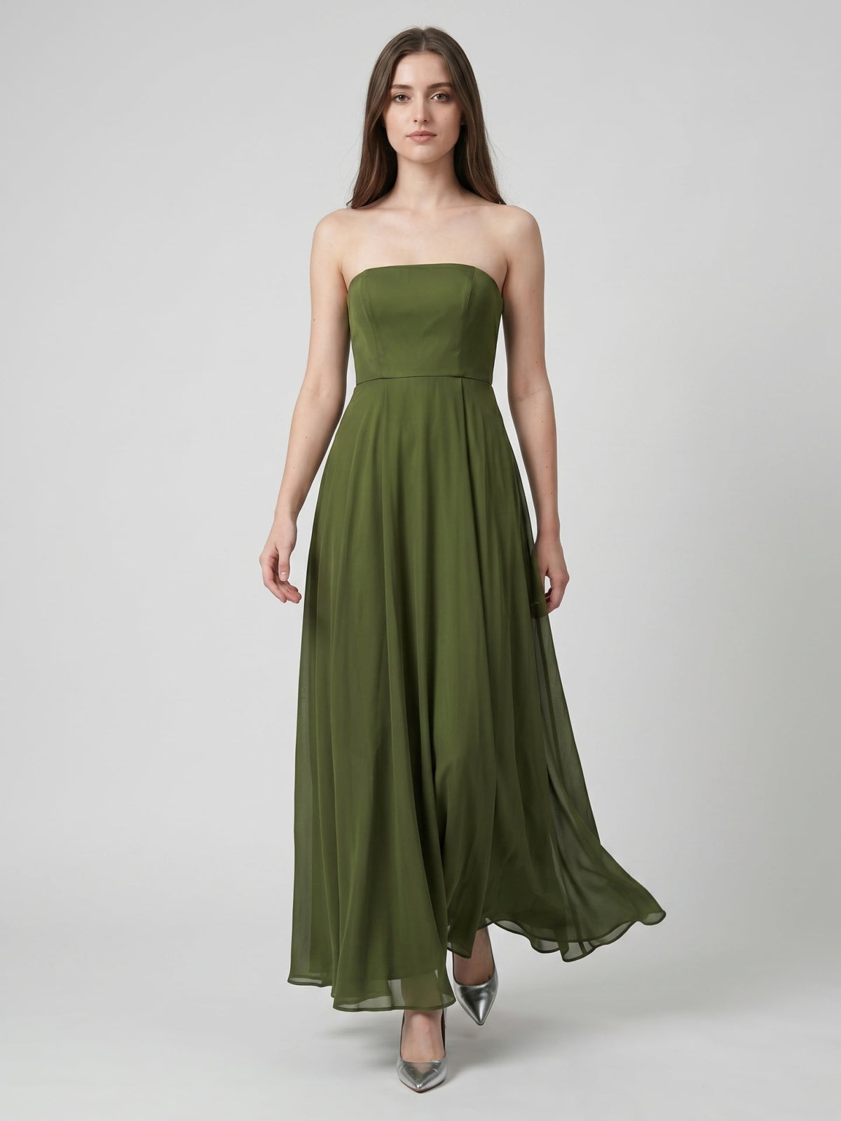 Olive Green Chiffon A-Line Off-the-Shoulder Backless Floor-Length Bridesmaid Dress - Curvevia