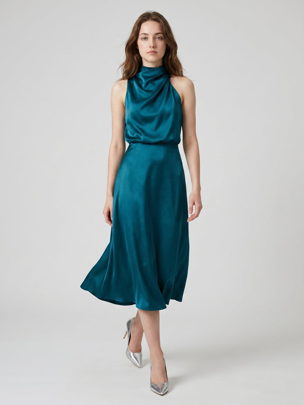 Teal Satin Sheath Scoop Neck Back Zip Tea-Length Bridesmaid Dress - Curvevia