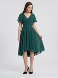 Peacock Chiffon A-Line V-Neck Back Zip Asymmetrical Pleated Bridesmaid Dress - Curvevia