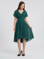 Peacock Chiffon A-Line V-Neck Back Zip Asymmetrical Pleated Bridesmaid Dress - Curvevia