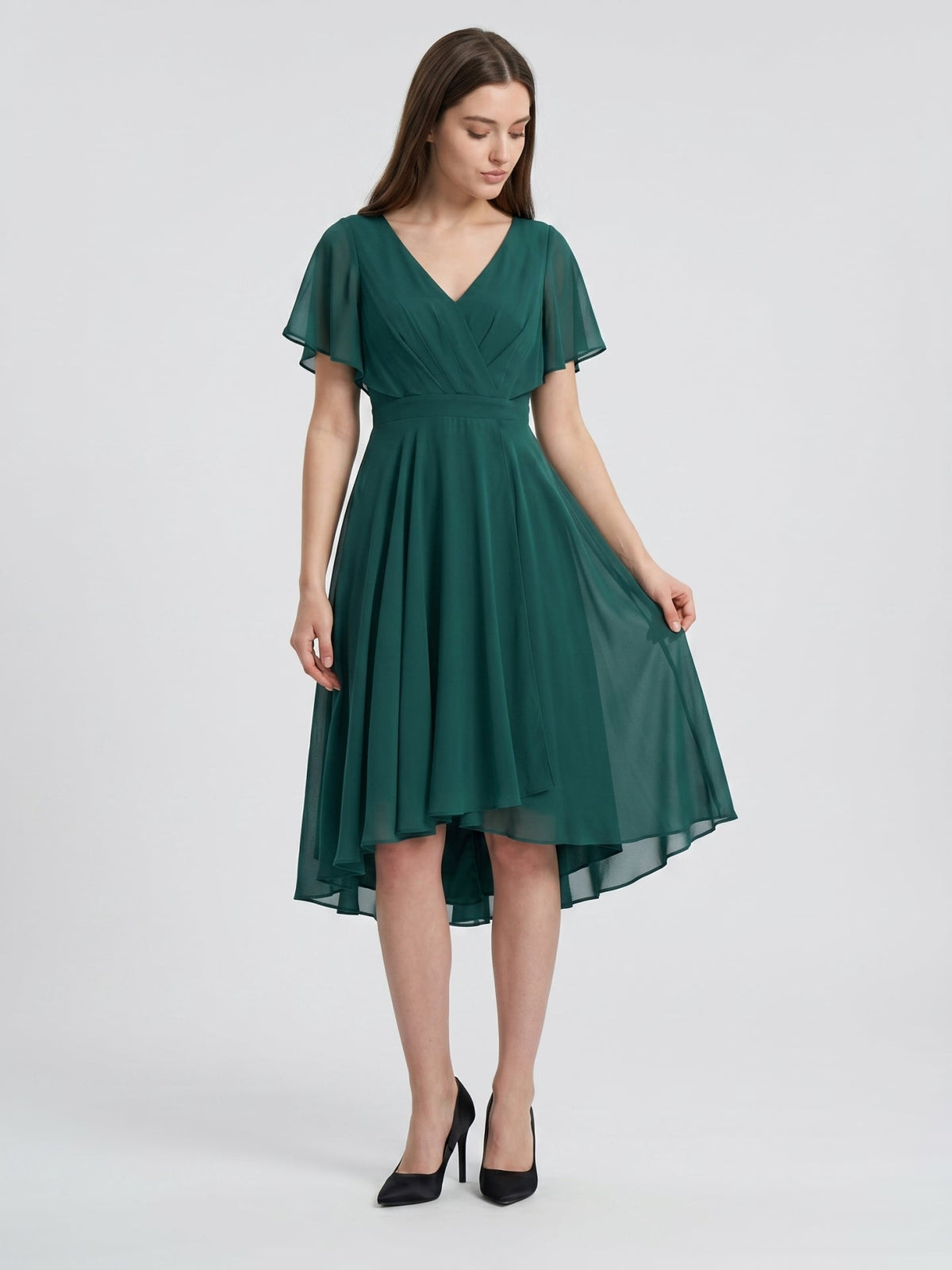 Peacock Chiffon A-Line V-Neck Back Zip Asymmetrical Pleated Bridesmaid Dress - Curvevia