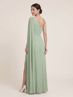 Modern Dusty Sage Chiffon A-Line One Shoulder Side Zip Ankle-Length Bridesmaid Dress - Curvevia