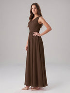 Mocha Chiffon A-Line One Shoulder Back Zip Floor-Length Pleated Bridesmaid Dress - Curvevia