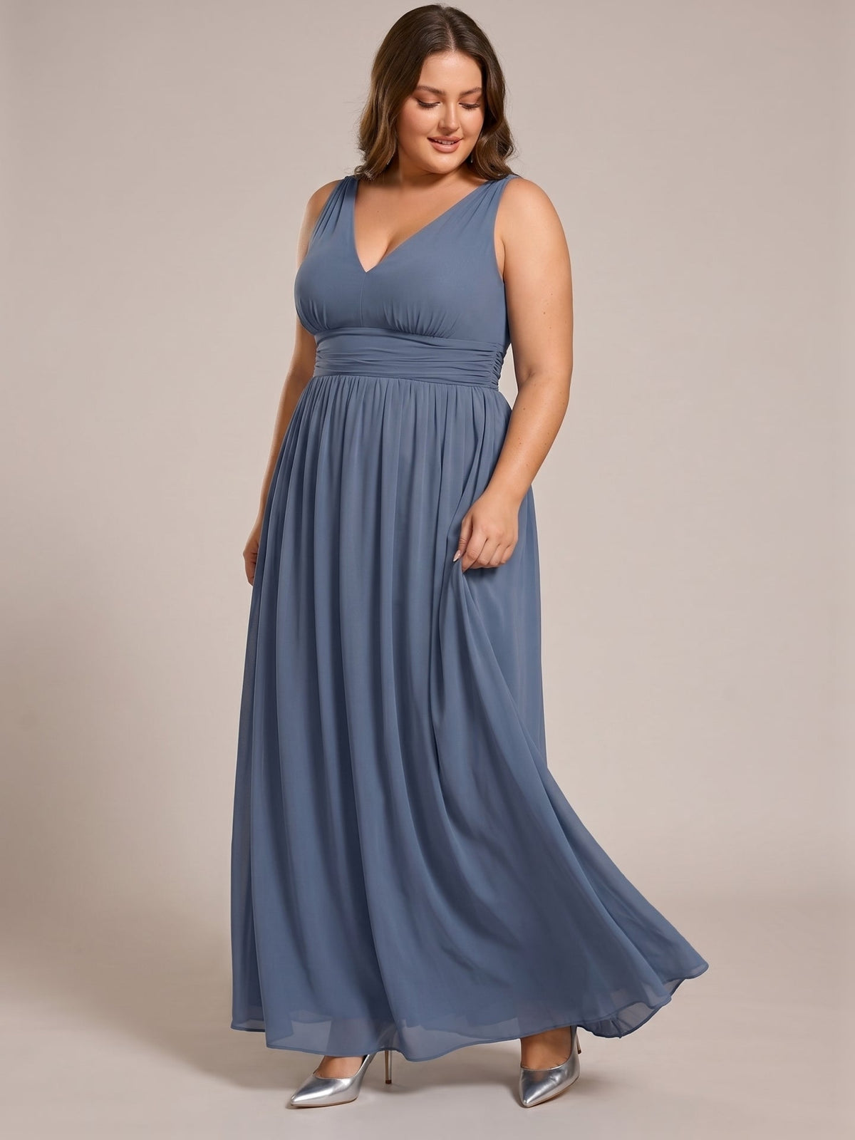 Simple Stormy Chiffon Empire V-Neck Back Zip Ankle-Length Plus Size Bridesmaid Dress - Curvevia