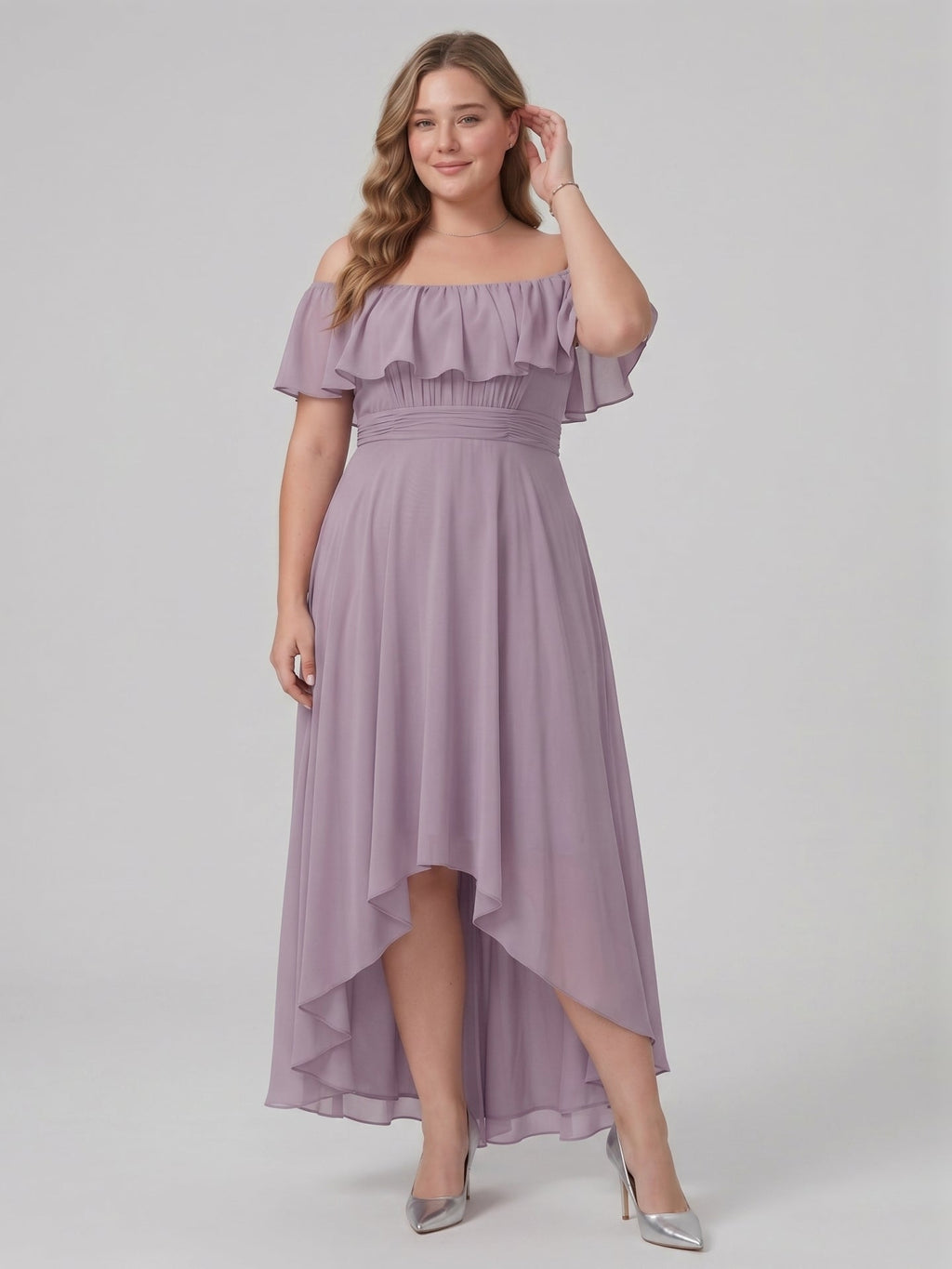 Sweet & Flowy lavender Chiffon A-Line Off-the-Shoulder Backless Asymmetrical Plus Size Bridesmaid Dress - Curvevia