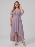 Sweet & Flowy lavender Chiffon A-Line Off-the-Shoulder Backless Asymmetrical Plus Size Bridesmaid Dress - Curvevia