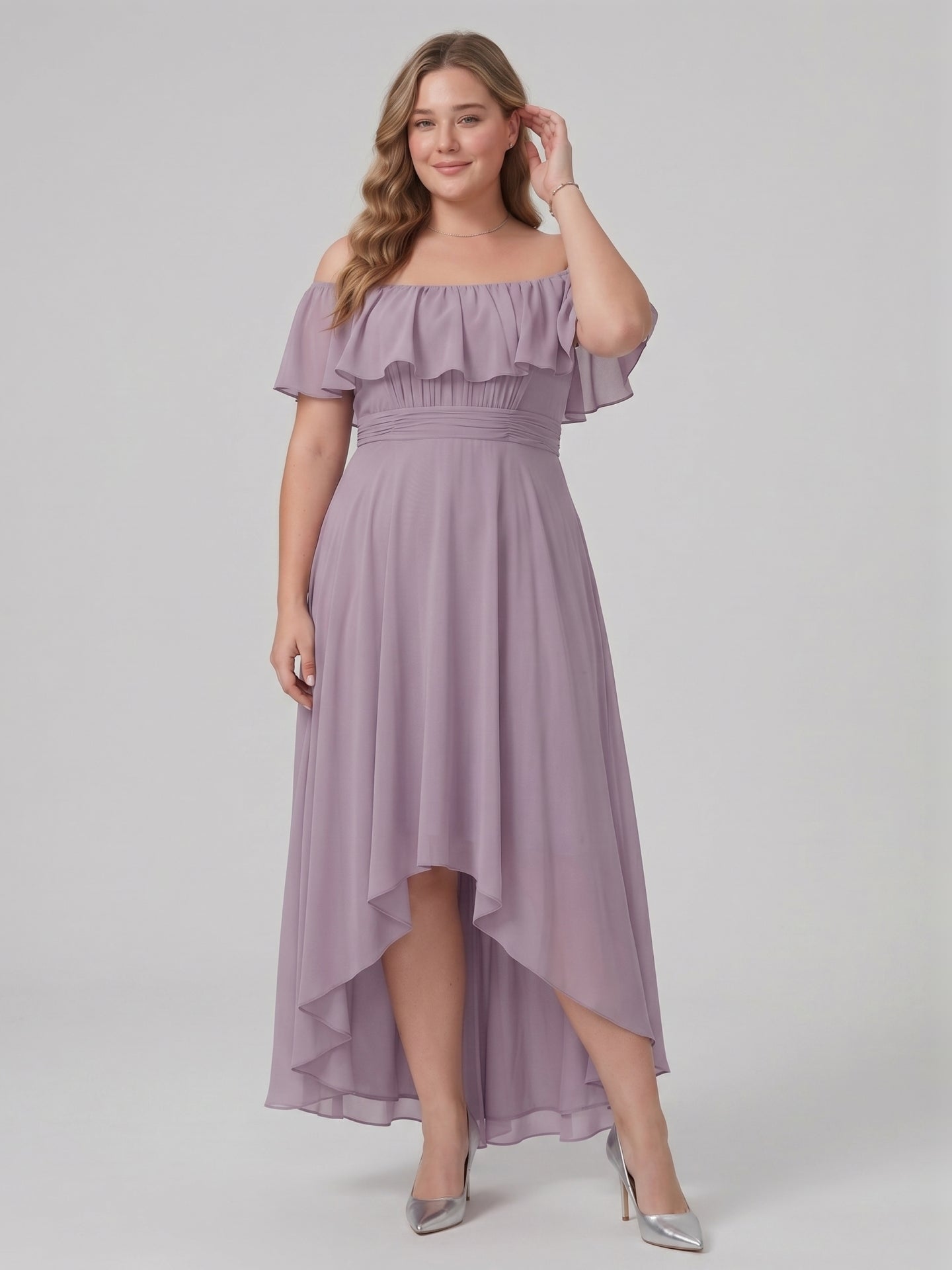 Sweet & Flowy lavender Chiffon A-Line Off-the-Shoulder Backless Asymmetrical Plus Size Bridesmaid Dress - Curvevia
