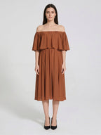 Terracotta Chiffon A-Line Off-the-Shoulder Backless Tea-Length Ruffle Bridesmaid Dress - Curvevia