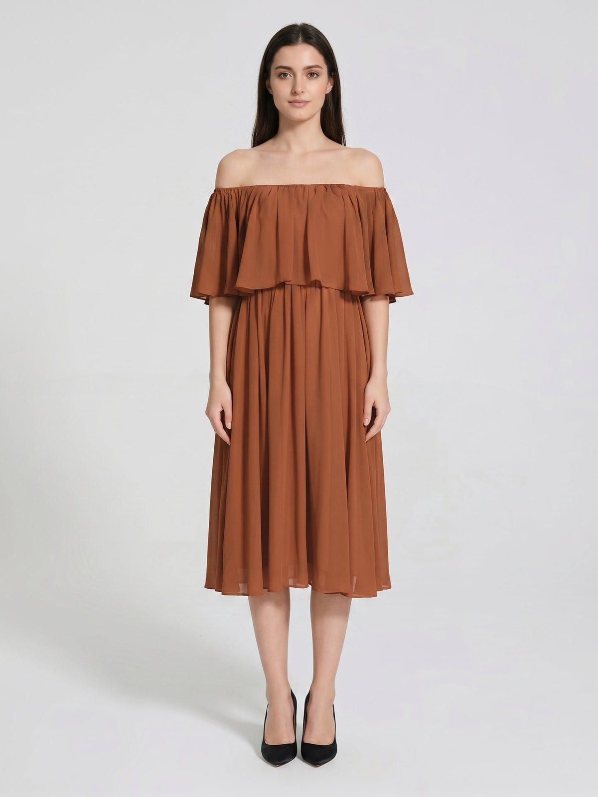 Terracotta Chiffon A-Line Off-the-Shoulder Backless Tea-Length Ruffle Bridesmaid Dress - Curvevia