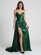 Emerald Satin Trumpet V-Neck Backless Floor-Length Pleated Bridesmaid Dress - Curvevia