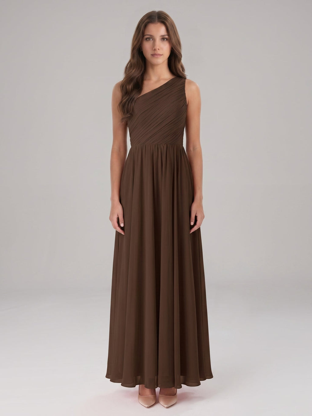 Mocha Chiffon A-Line One Shoulder Back Zip Floor-Length Pleated Bridesmaid Dress - Curvevia