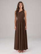 Mocha Chiffon A-Line One Shoulder Back Zip Floor-Length Pleated Bridesmaid Dress - Curvevia