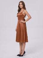 Terracotta Satin A-Line Scoop Neck Criss-Cross Back Knee-Length Bridesmaid Dress with Bow - Curvevia