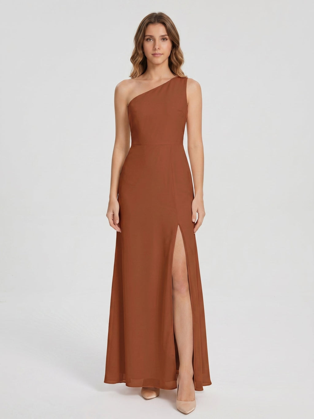 Terracotta Chiffon Column One Shoulder Side Zip Ankle-Length Bridesmaid Dress - Curvevia