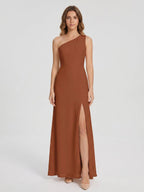 Terracotta Chiffon Column One Shoulder Side Zip Ankle-Length Bridesmaid Dress - Curvevia