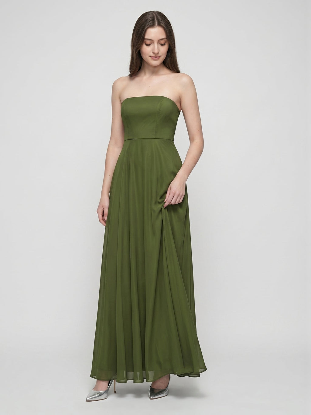 Olive Green Chiffon A-Line Off-the-Shoulder Backless Floor-Length Bridesmaid Dress - Curvevia