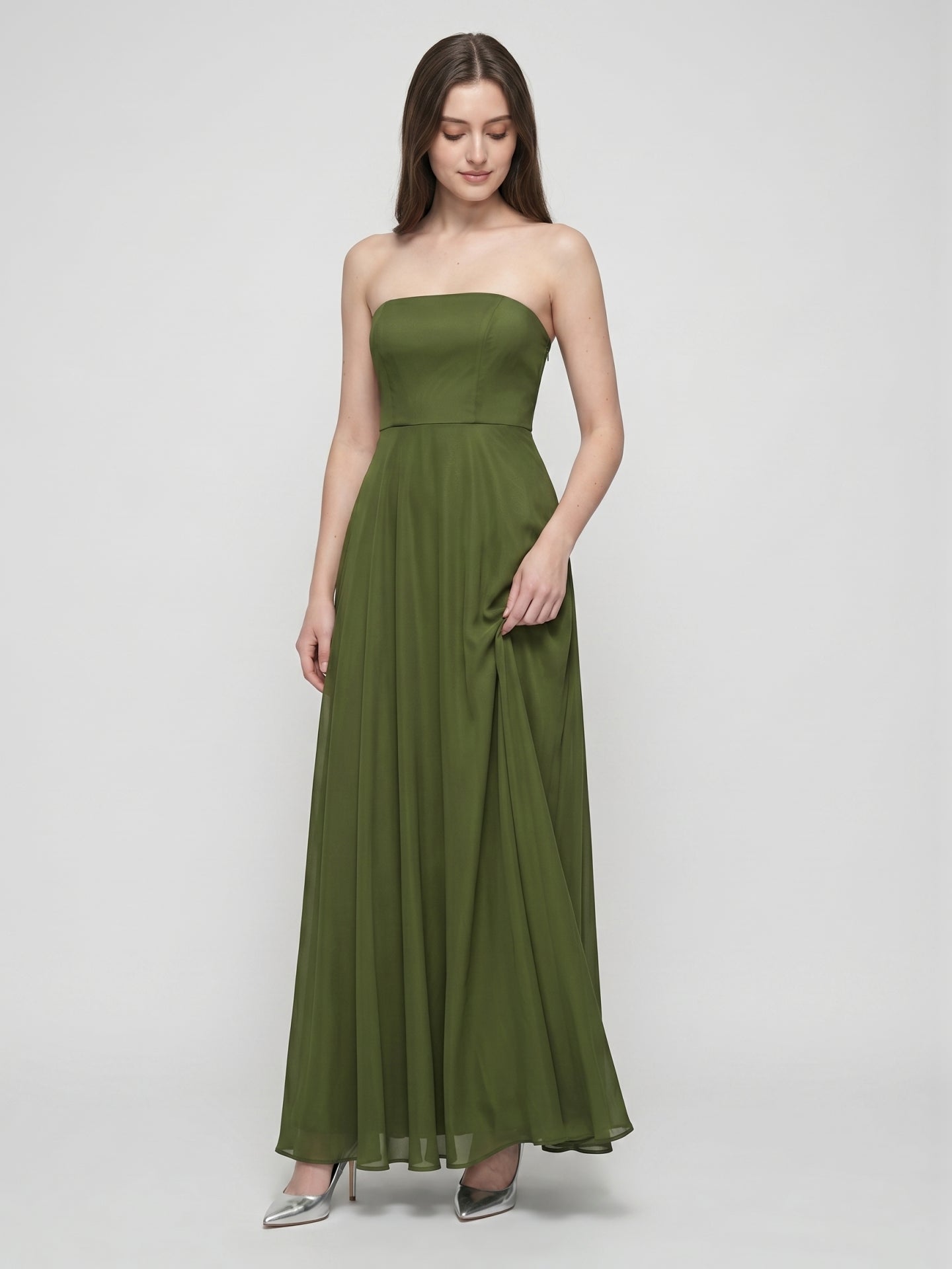Olive Green Chiffon A-Line Off-the-Shoulder Backless Floor-Length Bridesmaid Dress - Curvevia