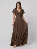 Mocha Chiffon A-Line V-Neck Back Zip Floor-Length Ruffle Bridesmaid Dress - Curvevia