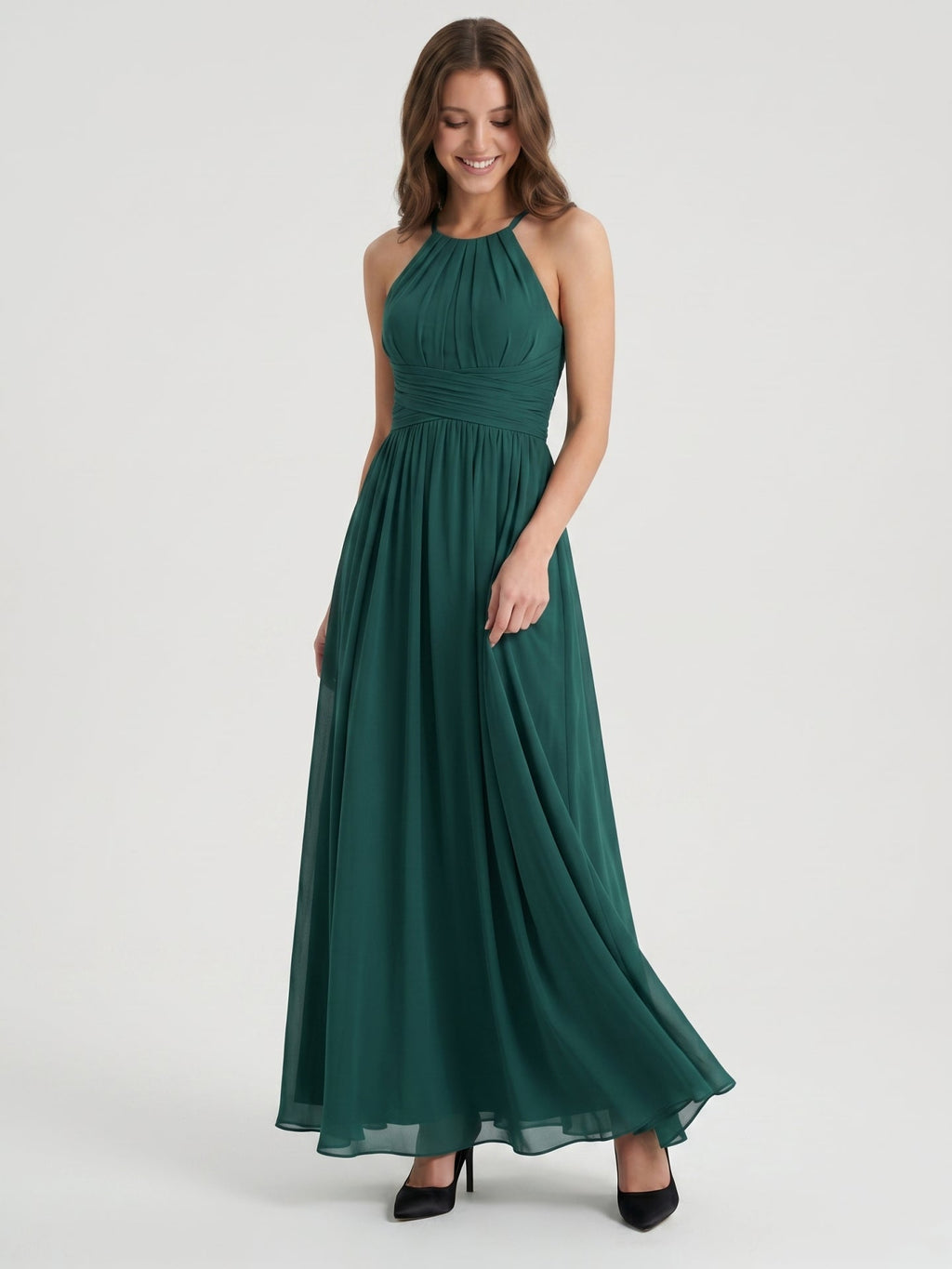 Peacock Chiffon A-Line Halter Criss-Cross Back Floor-Length Pleated Bridesmaid Dress - Curvevia