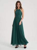 Peacock Chiffon A-Line Halter Criss-Cross Back Floor-Length Pleated Bridesmaid Dress - Curvevia