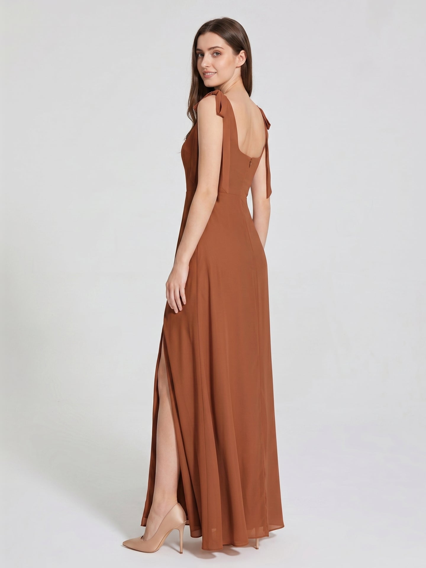 Terracotta Chiffon A-Line Square Neck Backless Floor-Length Bridesmaid Dress with Bow - Curvevia
