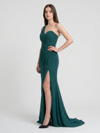 Peacock Chiffon Sheath One Shoulder Back Zip Floor-Length Pleated Bridesmaid Dress - Curvevia