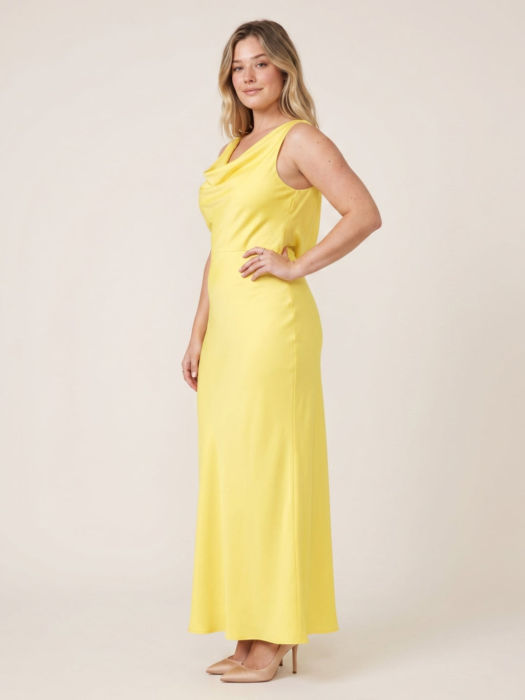 Romantic Lemon Matte Satin A-Line Cowl Neck Backless Ankle-Length Bridesmaid Dress - Curvevia