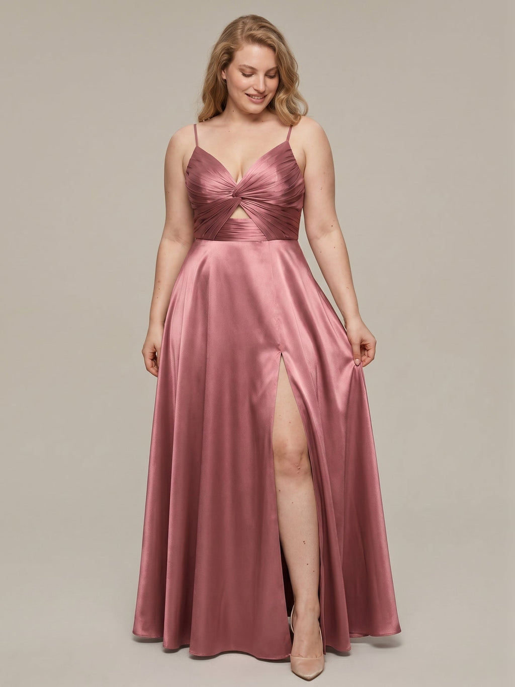 Sexy Rose Gold Satin A-Line V-Neck Back Zip with Beaded Details Ankle-Length Plus Size Bridesmaid Dress - Curvevia