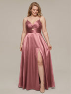 Sexy Rose Gold Satin A-Line V-Neck Back Zip with Beaded Details Ankle-Length Plus Size Bridesmaid Dress - Curvevia