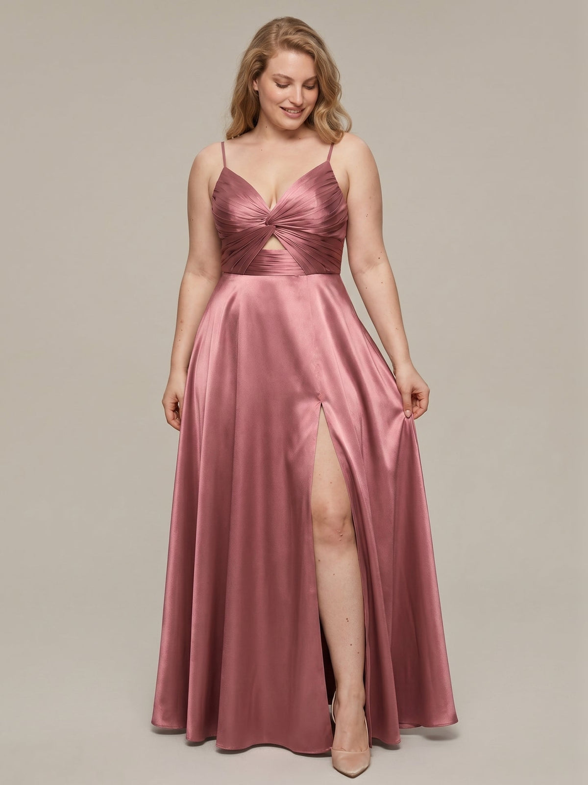 Sexy Rose Gold Satin A-Line V-Neck Back Zip with Beaded Details Ankle-Length Plus Size Bridesmaid Dress - Curvevia