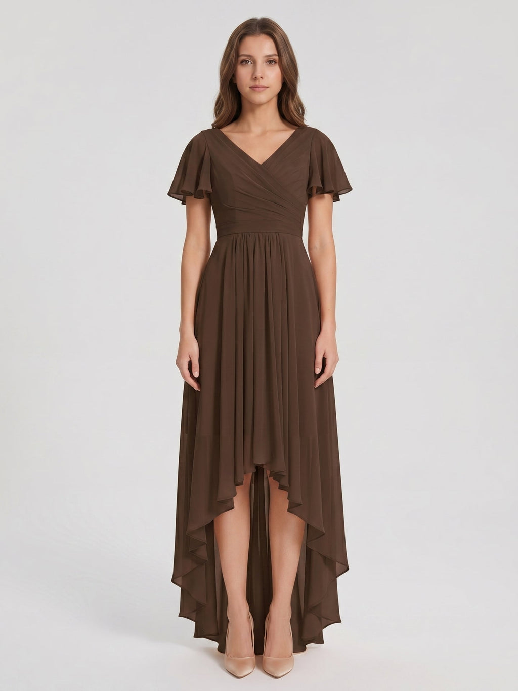 Mocha Chiffon A-Line V-Neck V-Back Asymmetrical Pleated Bridesmaid Dress - Curvevia
