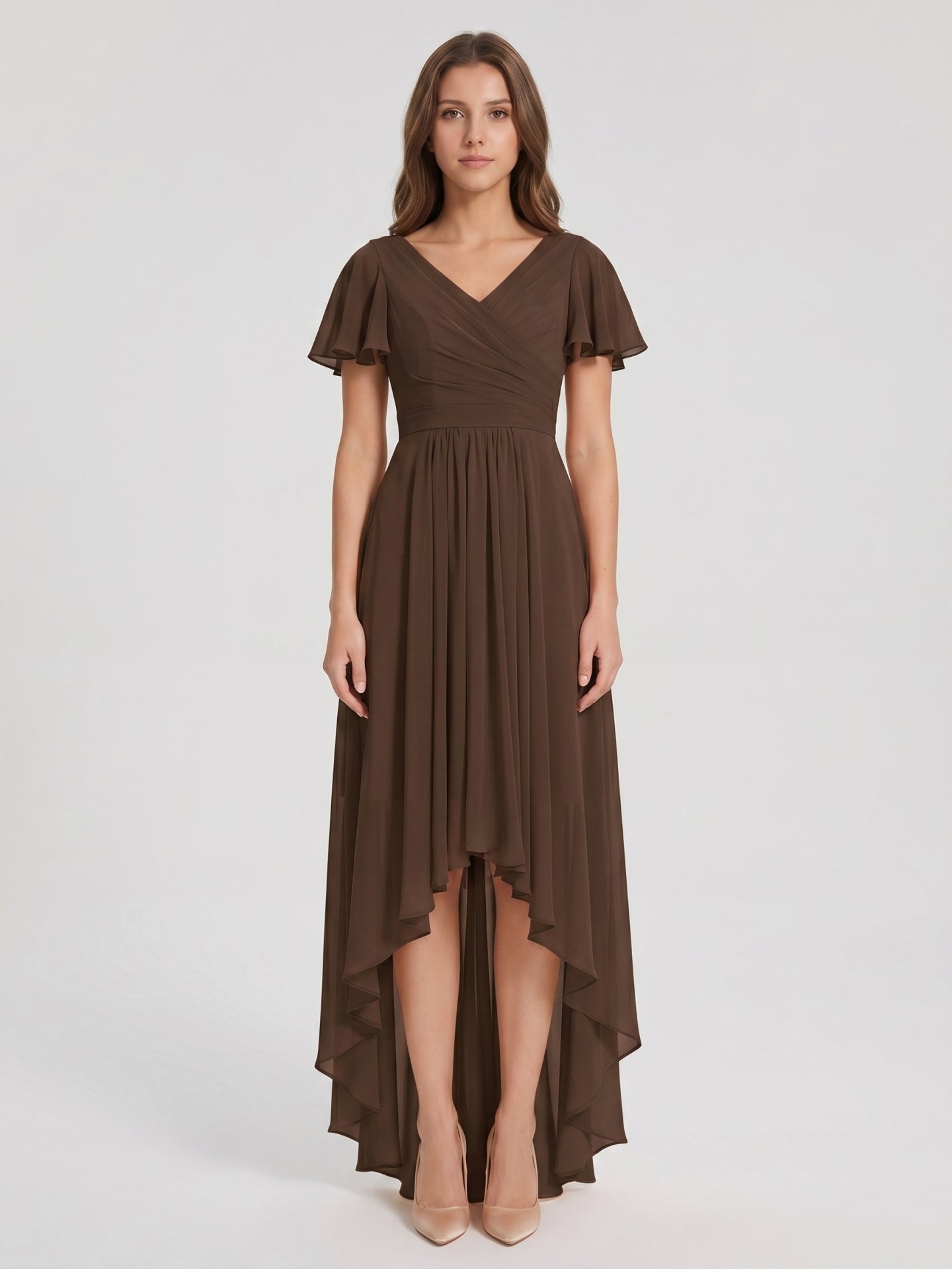 Mocha Chiffon A-Line V-Neck V-Back Asymmetrical Pleated Bridesmaid Dress - Curvevia