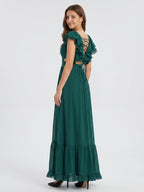 Peacock Chiffon A-Line V-Neck Criss-Cross Back Floor-Length Ruffle Bridesmaid Dress - Curvevia