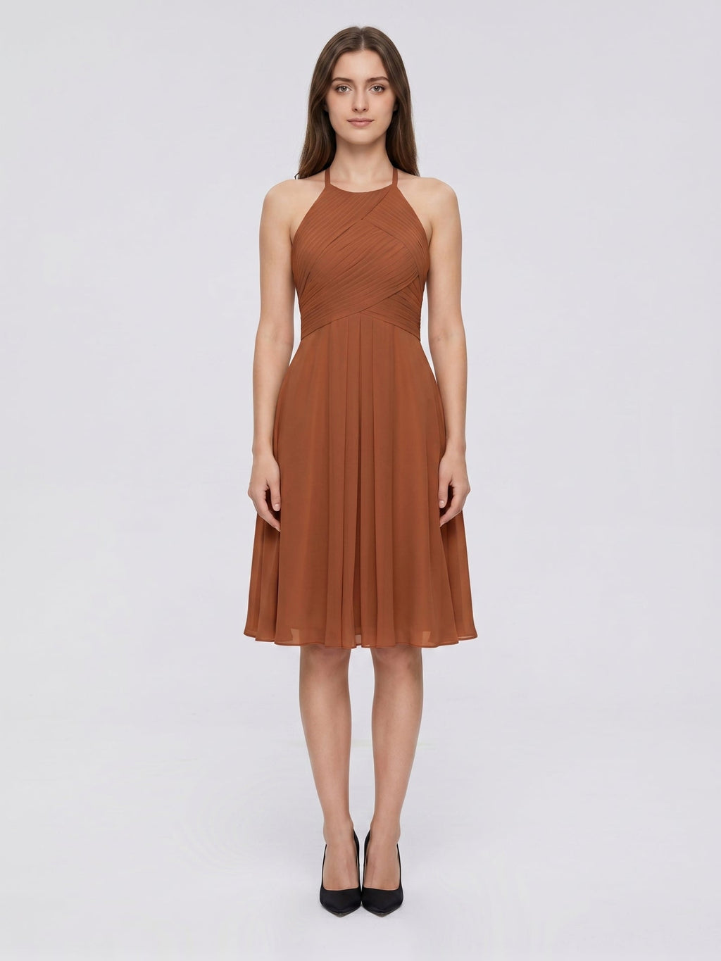 Terracotta Chiffon A-Line Halter Keyhole Back Knee-Length Pleated Bridesmaid Dress - Curvevia