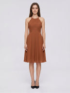Terracotta Chiffon A-Line Halter Keyhole Back Knee-Length Pleated Bridesmaid Dress - Curvevia